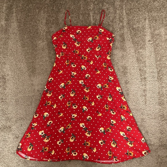 Forever 21 red w/ yellow floral & white dots details midi summer dress, medium - Picture 15 of 15